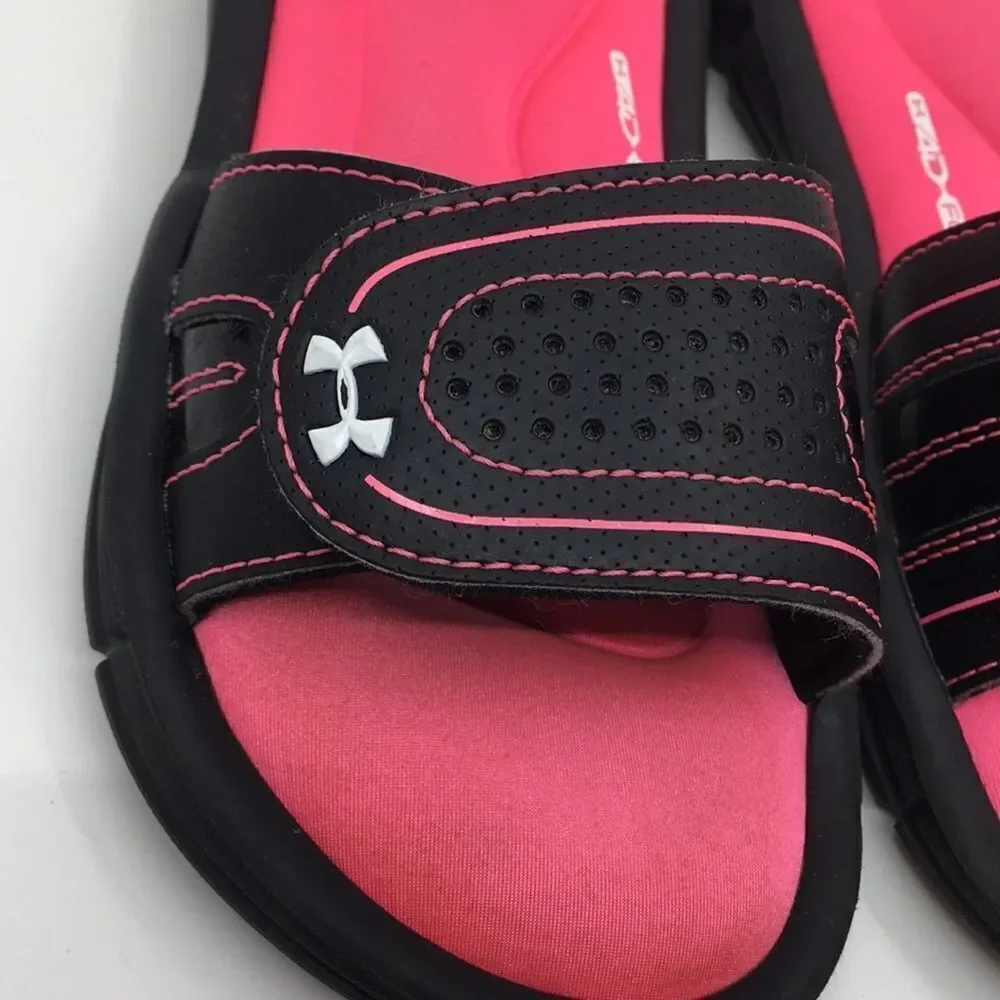 Under Armour Pink and Black hook and loop 4D Foam Slides, US Size 13K